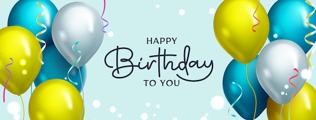 Projeto de plano de fundo vector saudação de aniversário. feliz aniversário para você texto com bando de balão colorido.