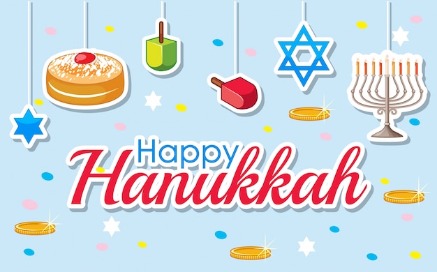 Vetor projeto de poster de hanukkah feliz com sobremesas e ornamentos