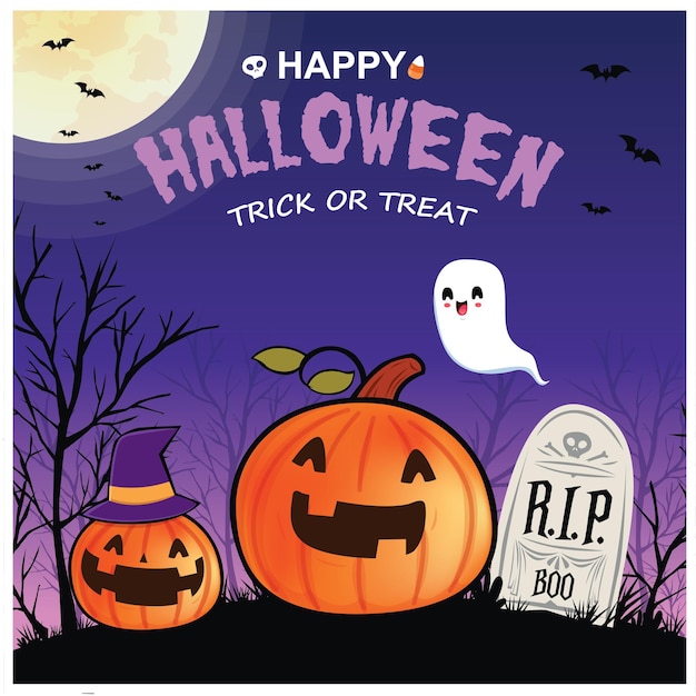 Projeto de pôster vintage de Halloween com personagem de vetor fantasma jack o lantern