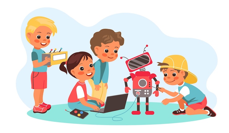 Vetor projeto de robótica para crianças pequenos engenheiros meninos e meninas programando robô infantil rádio amador clube jovens programadores bebês inteligentes brincam com androids vector cartoon estilo plano isolado conceito