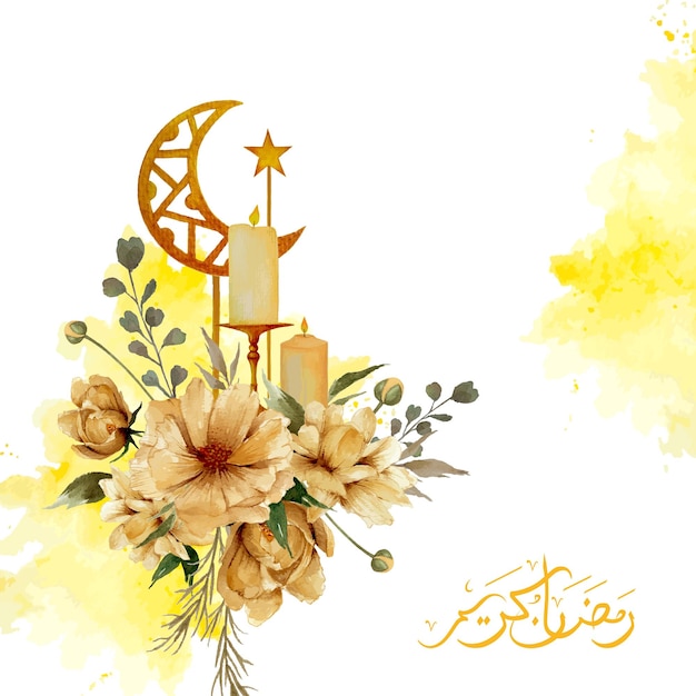 Projeto de saudação do ramadã em aquarela, buquê de flores com velas, lua crescente dourada e estrelas