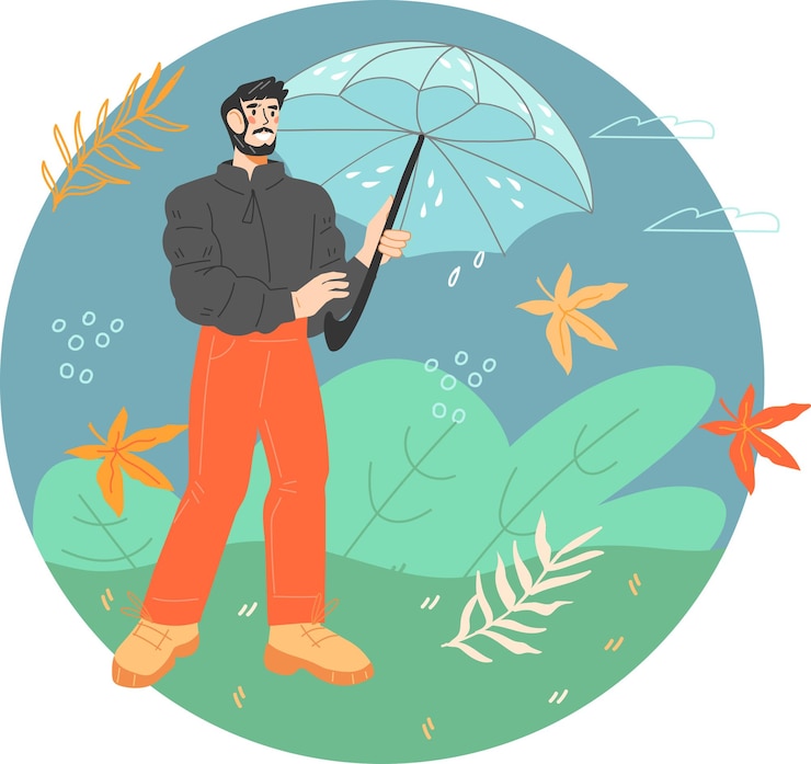 Vetor projeto de tempo chuvoso com homem na chuva ilustração vetorial plana isolada