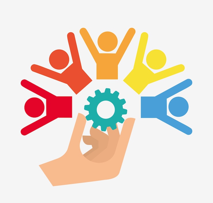 Vetor projeto de trabalho em equipe de mão de engrenagens de pictograma