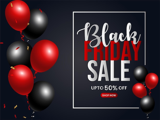 Projeto de venda de sexta-feira negra com balões vermelhos e pretos em fundo escuro