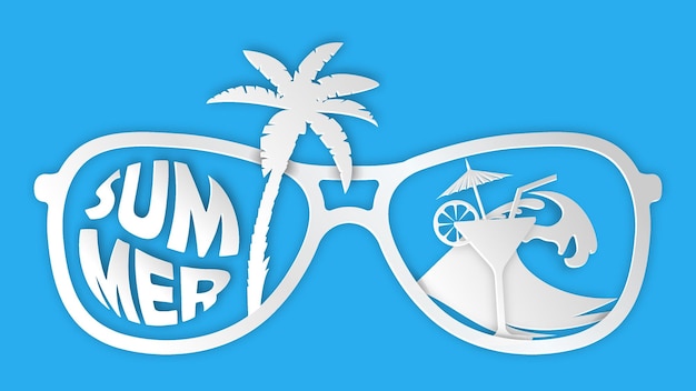 Projeto de venda de verão com onda de palma de letra de tipografia e coquetel em óculos de sol em fundo azul Ilustração de oferta especial de vetor tropical com cupom Voucher Banner Flyer Estilo de corte de papel