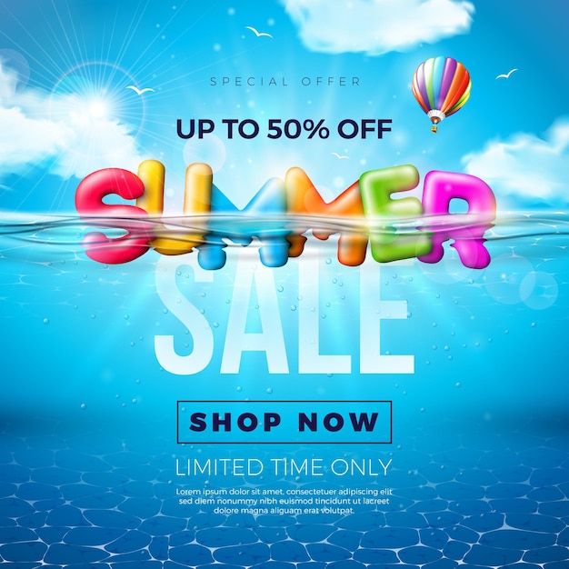 Projeto de venda de verão com texto 3d colorido e nascer do sol no fundo do oceano azul subaquático