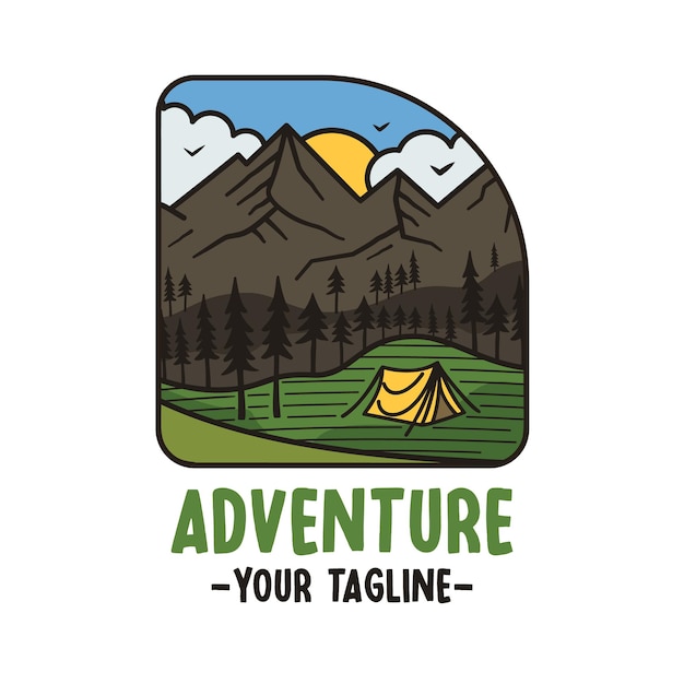Projeto de vetor de distintivo de logotipo de aventura de acampamento com paisagem de montanhas Gráficos de distintivo de acampamento em estilo retrô Emblema colorido de viagem Rótulo de vetor de estoque isolado