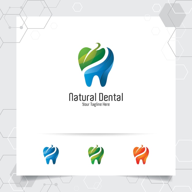 Vetor projeto de vetor de logotipo dental com conceito de ícone de atendimento odontológico verde natural e dentista para médico hospitalar e clínica odontológica