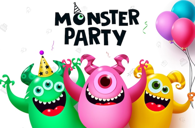 Projeto de vetor de personagem monstro texto de festa monstro com monstro de desenho animado feliz para aniversário