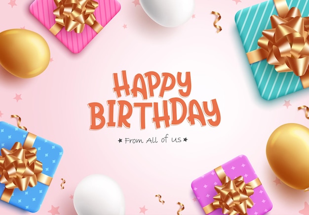 Projeto de vetor de texto de feliz aniversário Saudação de aniversário com elementos de aniversário como presente e balão