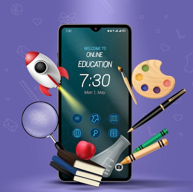 Projeto de vetor de texto educacional on-line saudação escolar na tela do celular com elementos educacionais