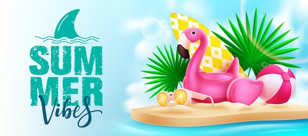 Projeto de vetor de vibrações de verão. Texto de vibrações de verão na ilha com flamingo, bola de praia e prancha de surf.