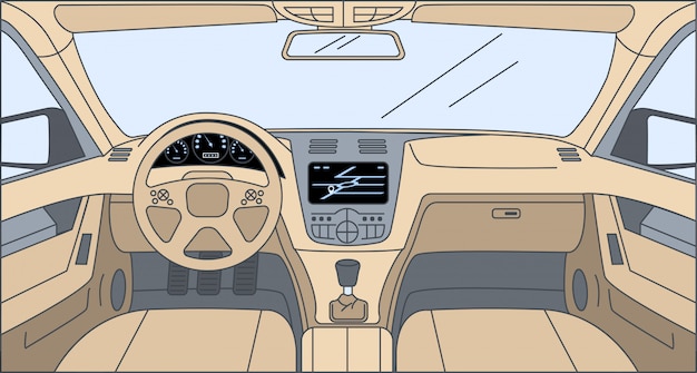 Vetor projeto dentro da ilustração de contorno dos desenhos animados de carro. vista do motorista com o navegador, leme, painel.