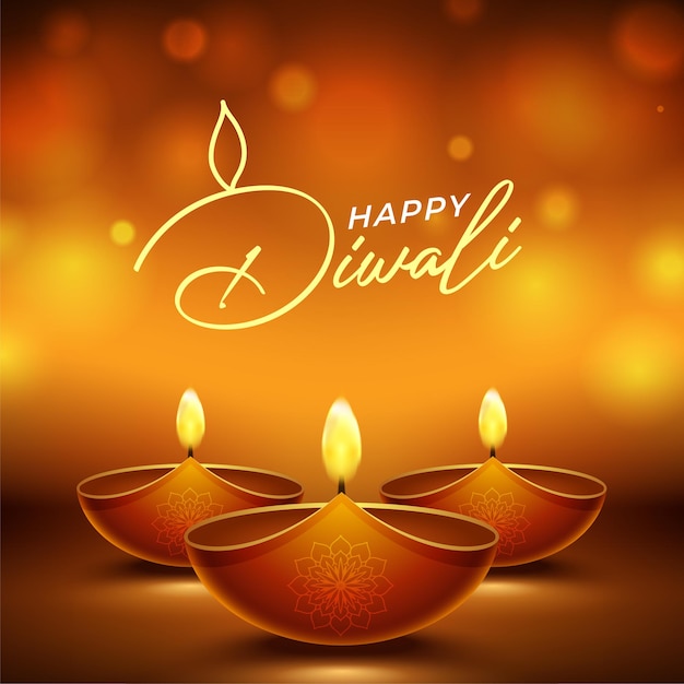 Projeto diwali feliz com elementos de lâmpada de óleo diya em fundo marrom rangoli, efeito bokeh cintilante