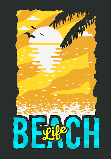 Vetor projeto do cartaz do verão da praia com nascer do sol acima da água e da ilustração das folhas de palmeira.