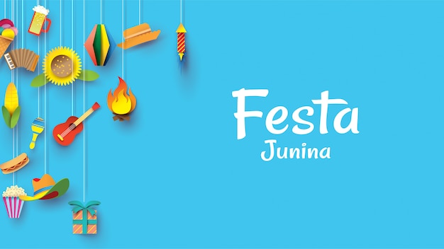 Projeto do festival de Festa Junina na arte de papel e no estilo liso com bandeiras do partido e lanterna de papel.