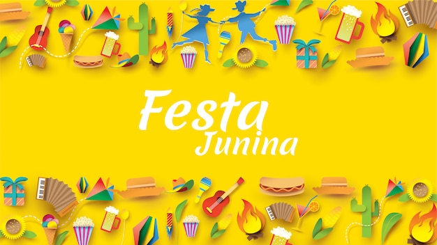 Vetor projeto do festival de festa junina na arte de papel e no estilo liso com bandeiras do partido e lanterna de papel.