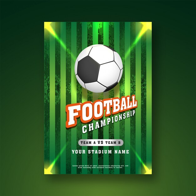 Banner da web com ilustração de bola de futebol ou futebol e campo de jogo  verde estilizado com bases