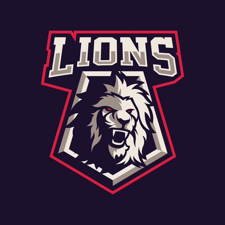 Projeto do logotipo do mascote do leão para esporte isolado em roxo