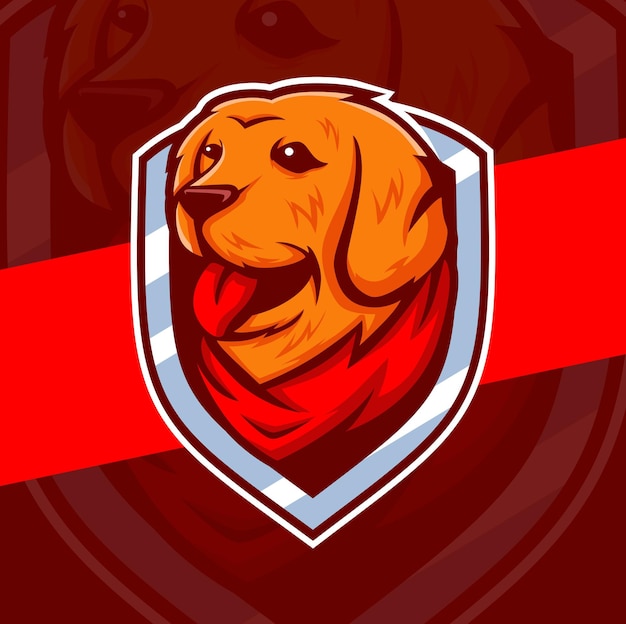 Projeto do logotipo do personagem mascote do cão golden retriever com emblemas e bandana