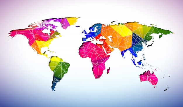 Projeto do mapa do mundo com fundo geométrico abstrato da cor no conceito do ambiente.