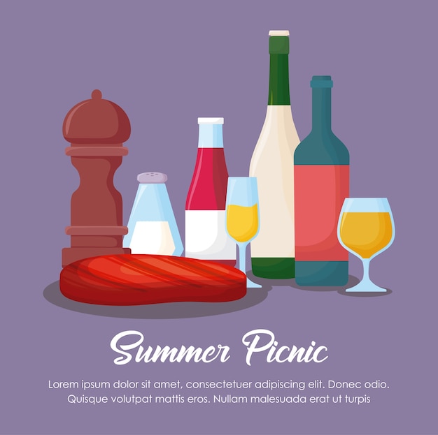 Projeto do verão do piquenique com bife de garrafas da carne e da bebida sobre o fundo roxo, projeto colorido. v