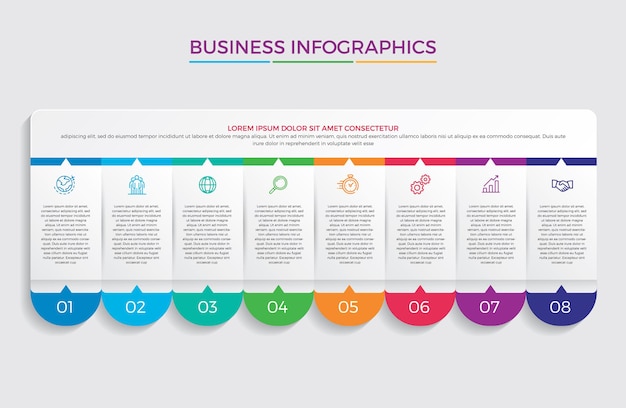 Projeto e marketing de infográfico. conceito de negócio com 8 opções, etapas ou processos.