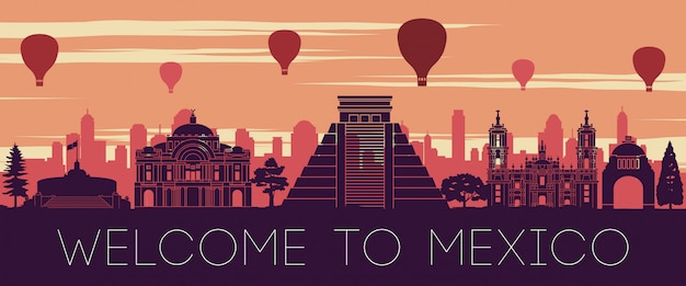 Projeto famoso da silhueta do tempo do por do sol do marco de México
