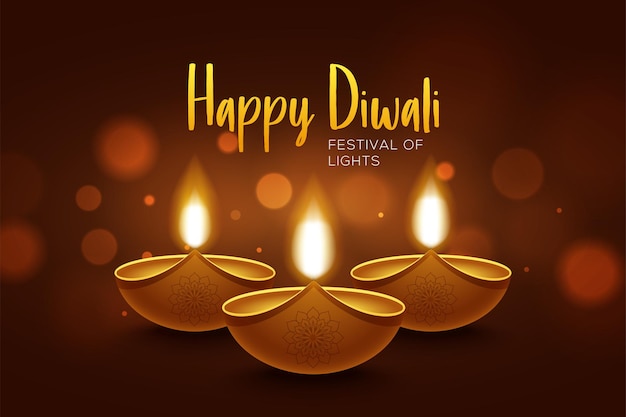 Projeto feliz de Diwali com elementos de lâmpada de óleo diya em fundo marrom, efeito bokeh cintilante