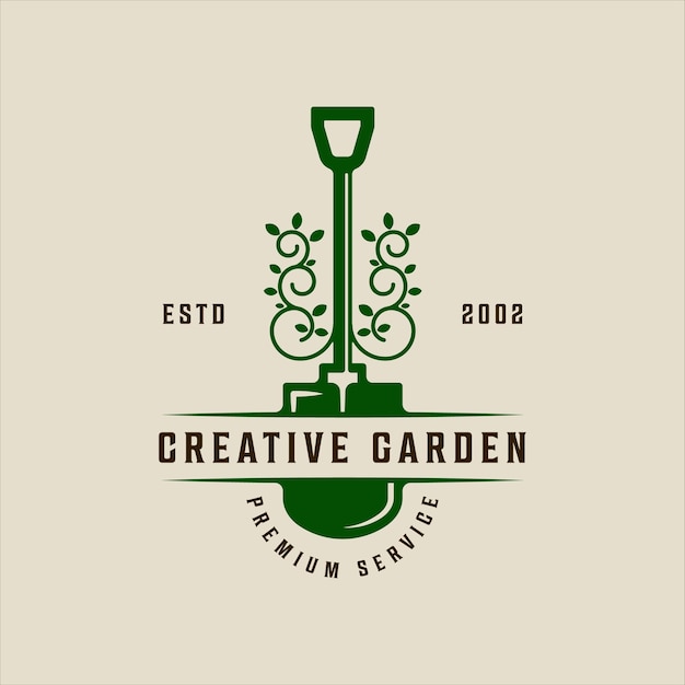Projeto gráfico de ícone de modelo de ilustração vintage de vetor de logotipo de jardim de pá