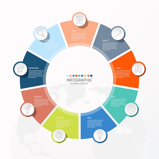 Projeto infográfico com ícones de linhas finas e 9 opções ou etapas para gráficos de informações, fluxogramas, apresentações, sites, banners, materiais impressos. conceito de negócio de infográficos.