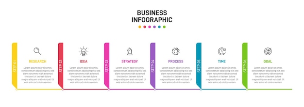 Projeto infográfico vertical com ícones e 6 opções ou etapas.