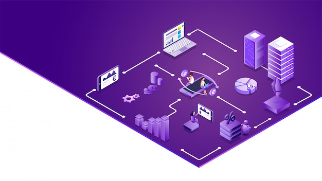 Projeto isométrico da plataforma de troca de moeda virtual.