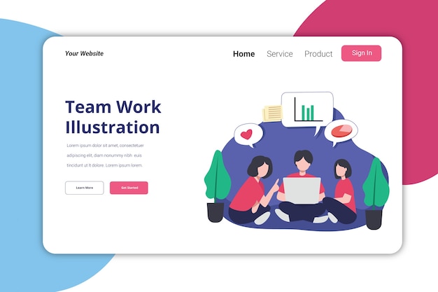 Vetor projeto liso do modelo da ilustração da página de trabalho em equipe