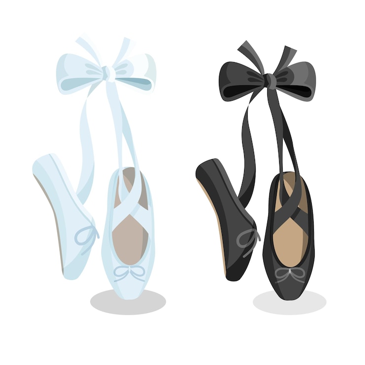 Vetor projeto liso preto e branco das sapatilhas de balé feminino pointes no fundo branco. ilustração de sapatilhas de balé em pé no banner da web na ponta dos pés.