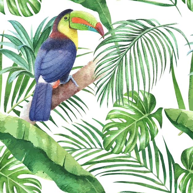 Vetor projeto tropical do teste padrão com as folhas do pássaro e do monstera, folhas de palmeira, ilustração.