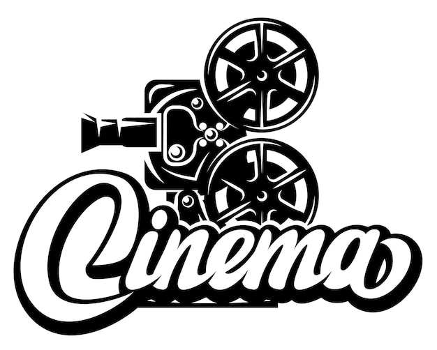Projetor de filmes em estilo retro com inscrição caligráfica cinema vector ilustração monocromática modelo editável para design