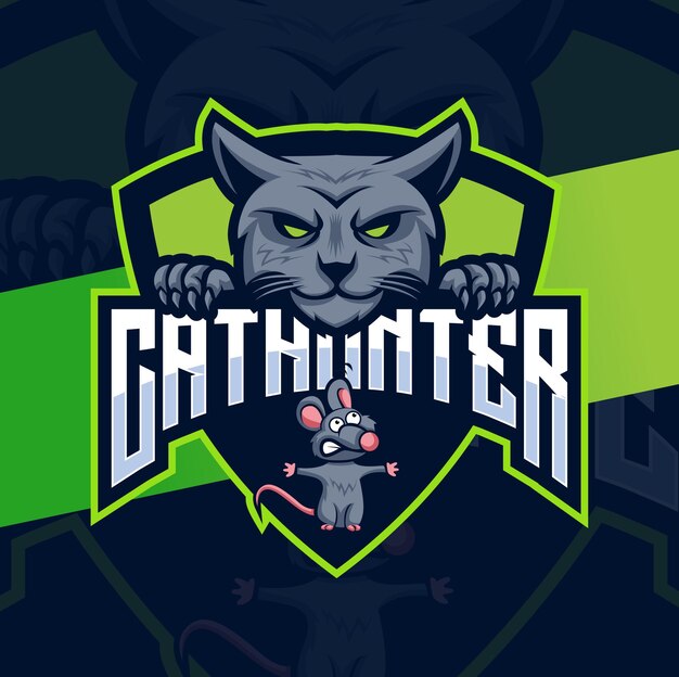 Projetos de logotipo de caçador de gatos com mascote de gato e rato para logotipo de jogo e animal