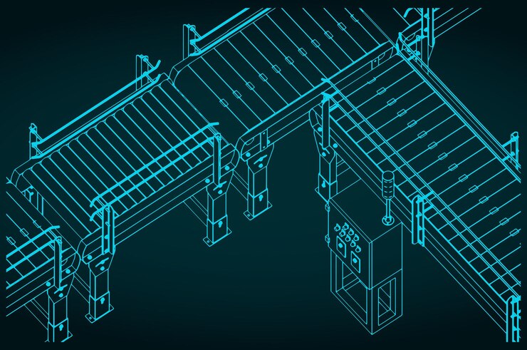 Vetor projetos isométricos de linhas de transporte automatizadas de fábricas