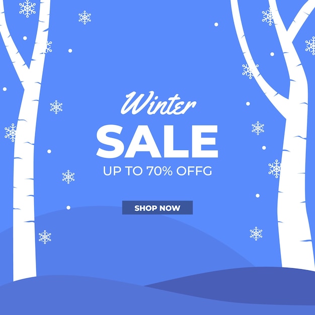 Promoção de banner de oferta de venda de inverno com vista de paisagem de árvore branca de galho e fundo azul