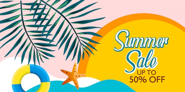 Promoção de banner de venda de verão com folha de palmeira e praia