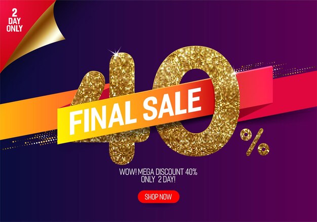 Promoção de brilho dourado com 40% de desconto com fita de papel brilhante