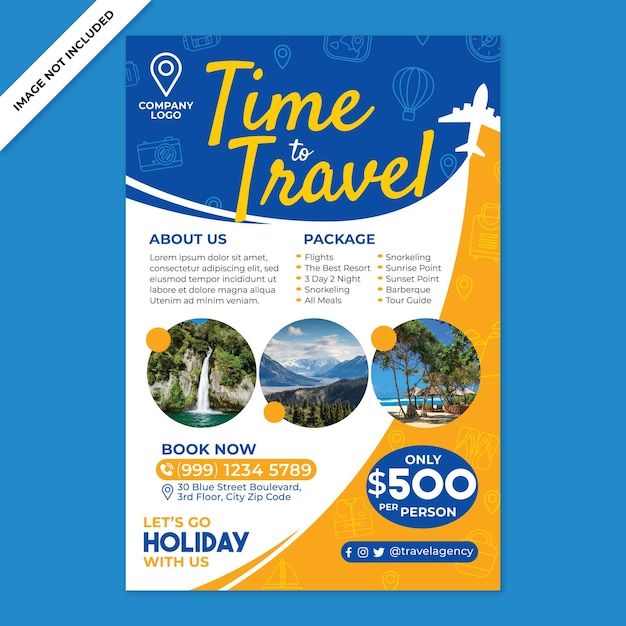 Promoção de cartaz de agência de viagens em estilo design plano