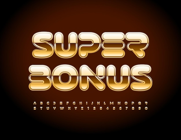 Promoção de luxo em vetor super bonus chique brilhante font gold conjunto de letras e números do alfabeto