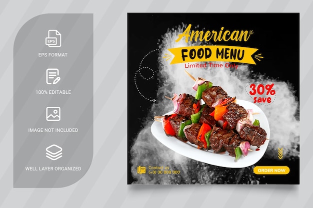 Promoção de mídia social da american food e modelo de design de postagem de banner do instagram