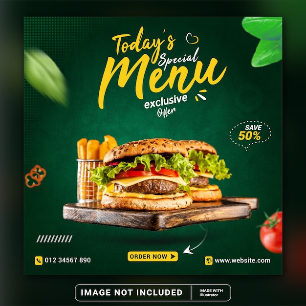 Promoção de mídia social de alimentos e modelo de design de postagem de banner instagram ou folheto quadrado