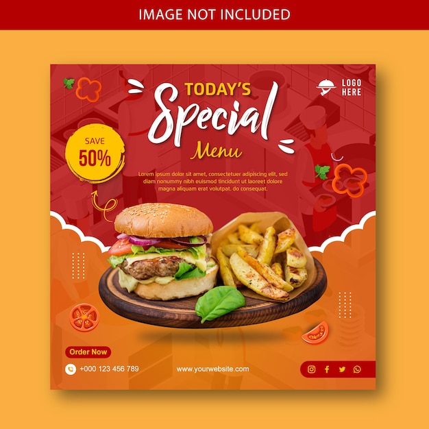 Promoção de mídia social de alimentos e panfleto de postagem do instagram e modelo de banner