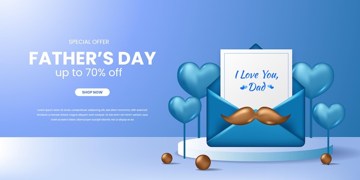 Vetor promoção de oferta de venda de dia dos pais feliz com carta de amor na exibição de produtos de palco de pódio com bigode dourado e forma de lareira azul