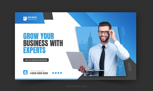 Promoção de oficinas corporativas e de negócios Design de miniatura de vídeo do YouTube em forma de cor azul