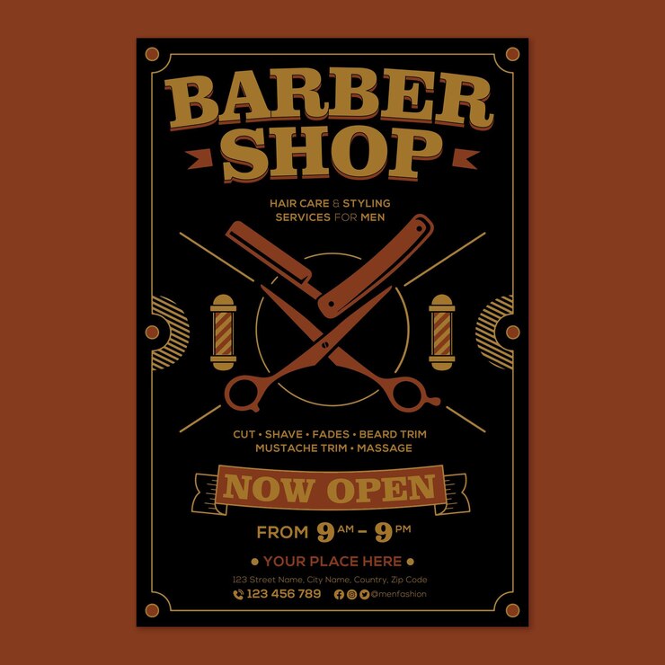 promoção de pôster de barbearia em estilo design plano